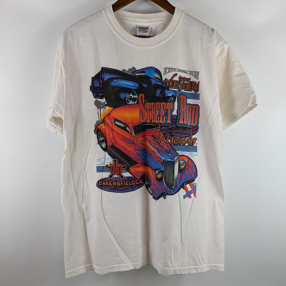 Vintage 2003 Y2K Mens Drag Racing Large T-Shirt POOR Kern County Fair Street Rod
